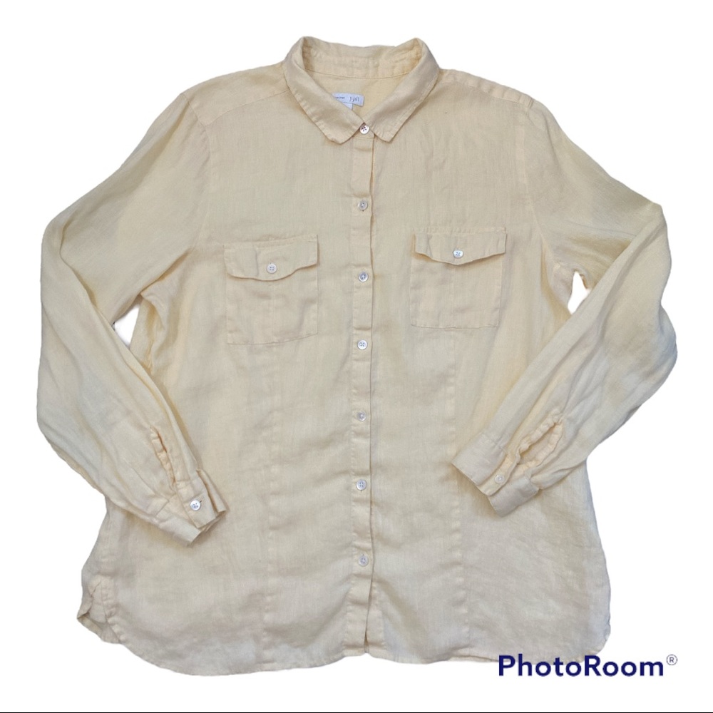 J Jill 100% Linen Top Button Down Long Sleeve Shirt Yellow Large